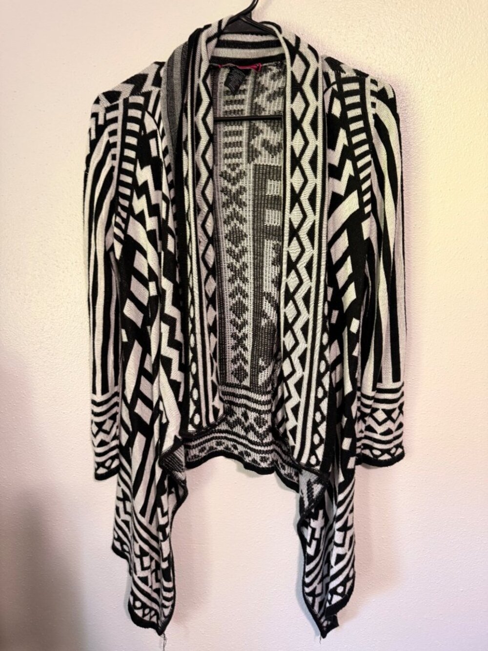 Say What Cardigan Black and White Geometric Aztec Asymmetric Hem Womans M